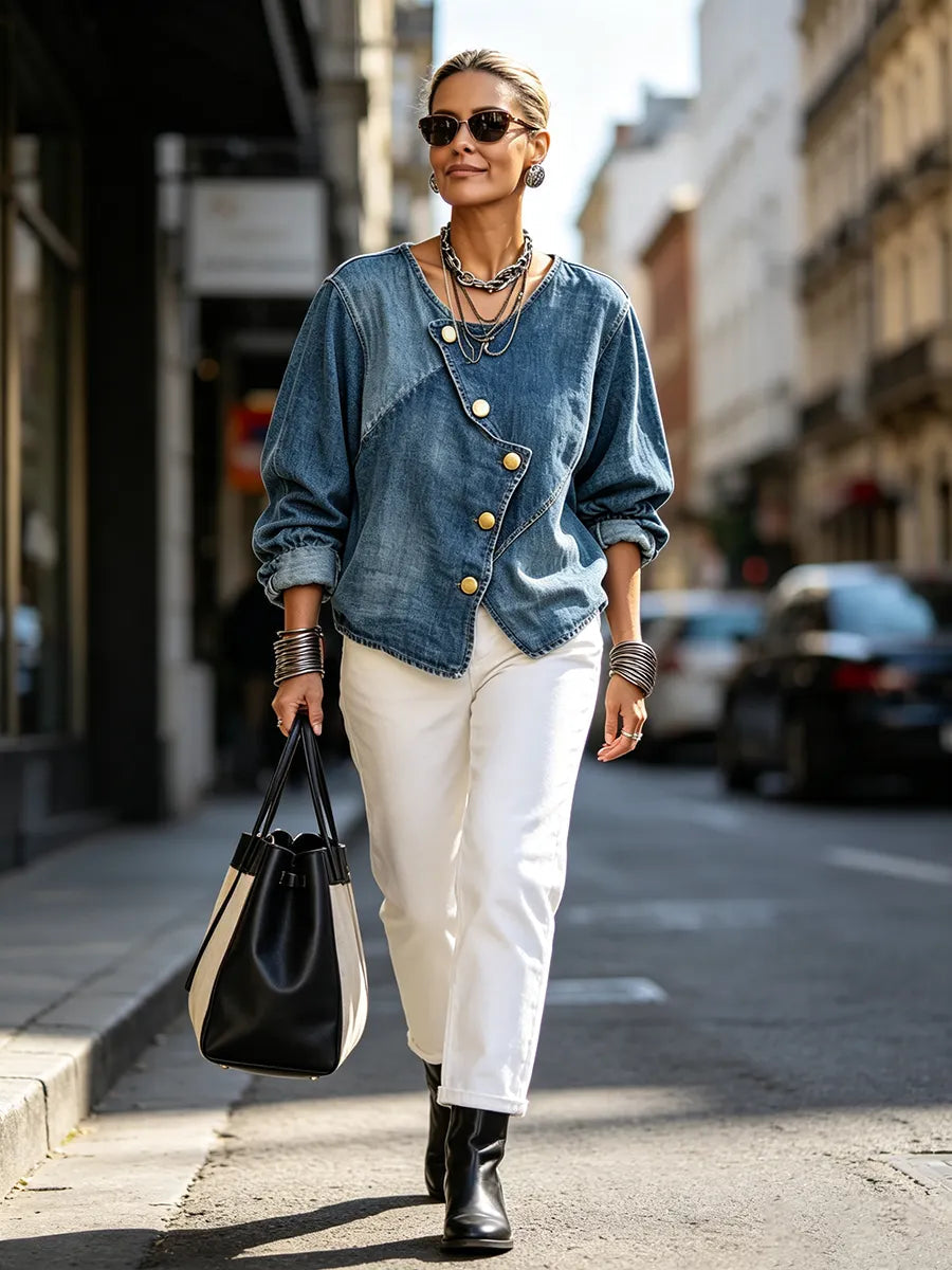 Wilhelmina | Women's Asymmetrical Denim Blouse