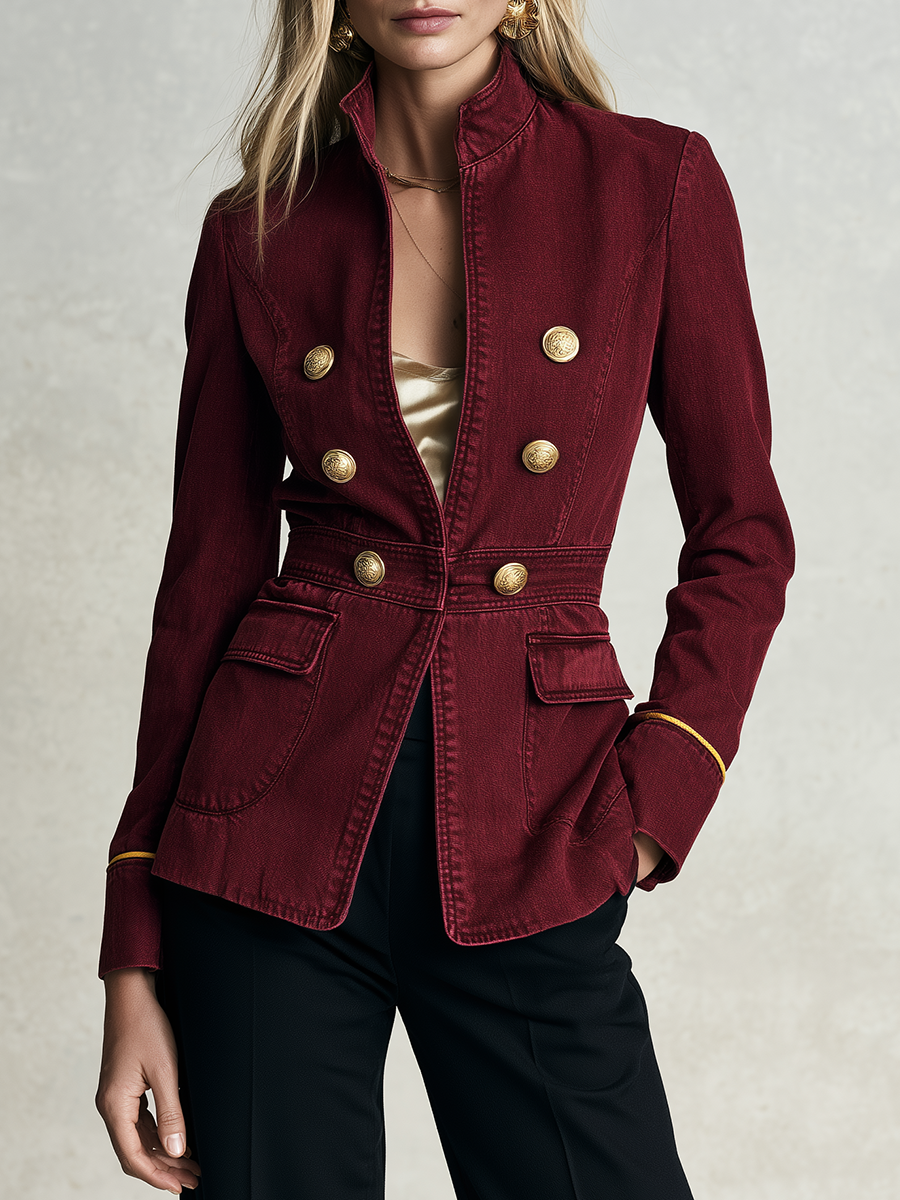 Bianca | Women's Burgundy Gold-Button Denim Jacket