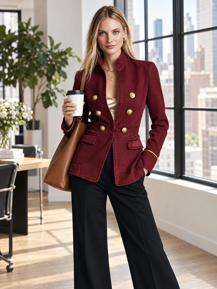 Bianca | Women's Burgundy Gold-Button Denim Jacket