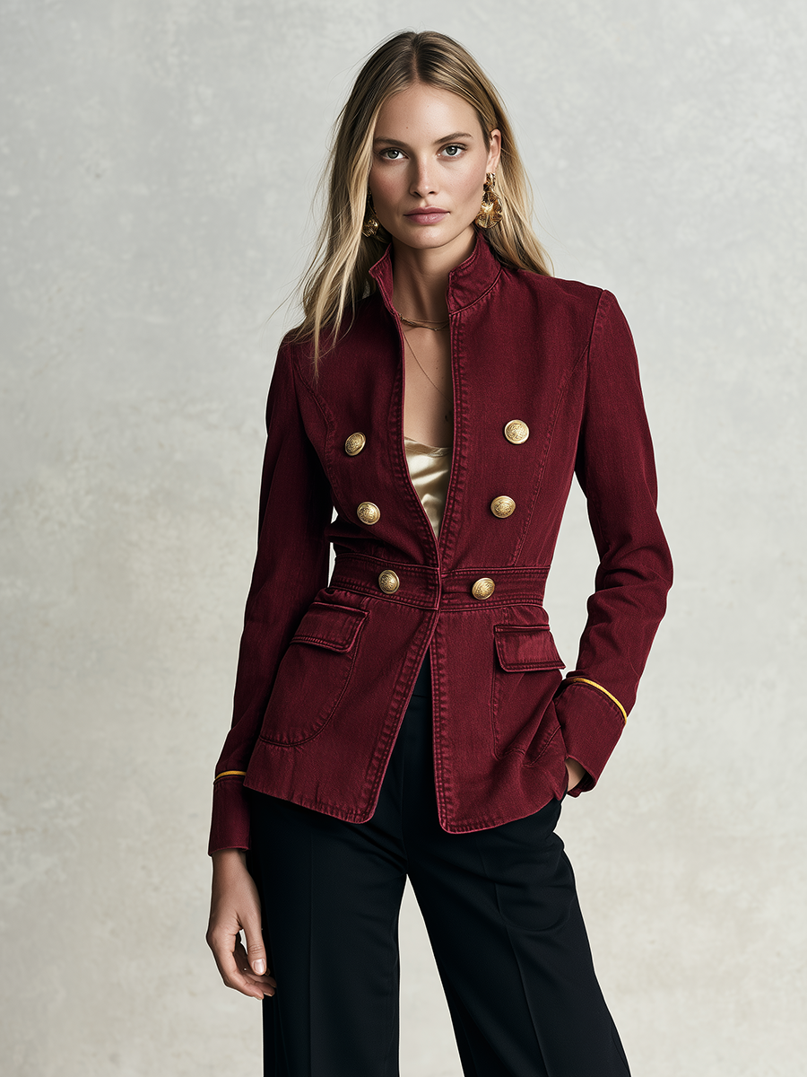 Bianca | Women's Burgundy Gold-Button Denim Jacket