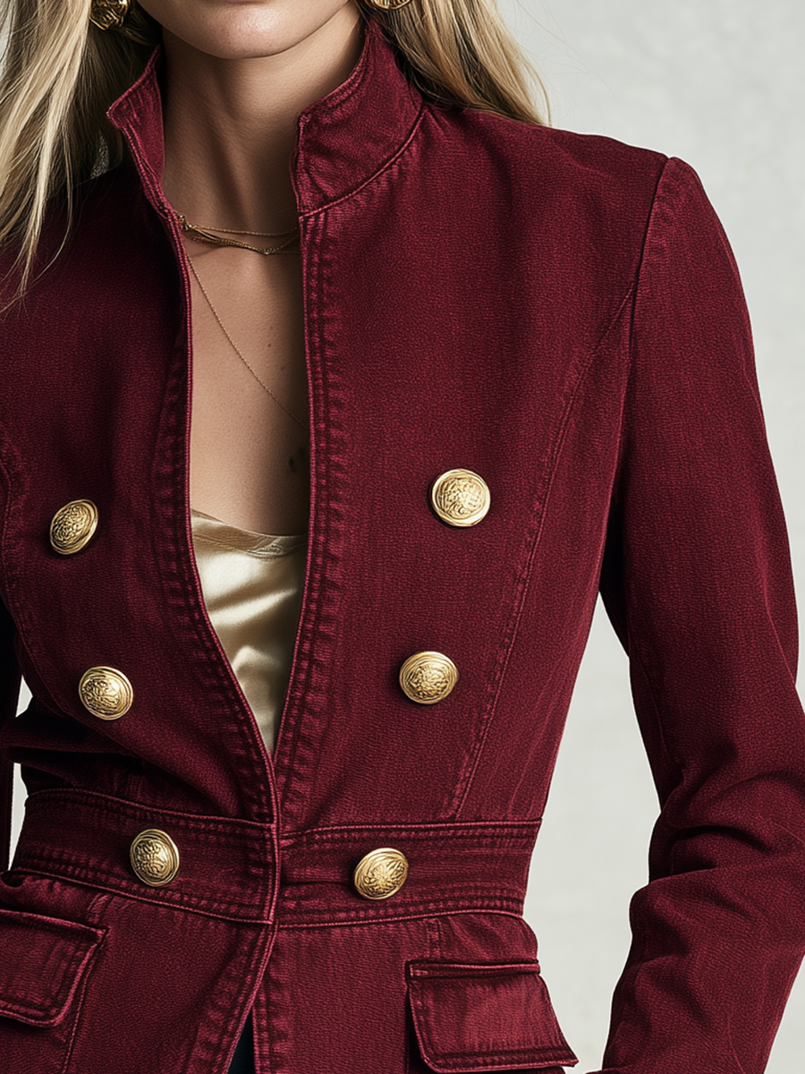 Bianca | Women's Burgundy Gold-Button Denim Jacket
