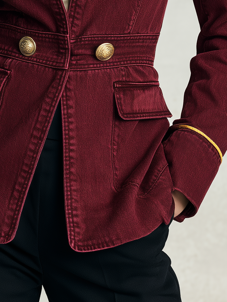 Bianca | Women's Burgundy Gold-Button Denim Jacket