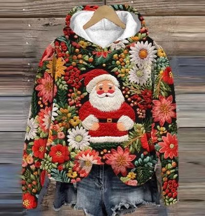 Camilla-Petra | Women's Cropped Floral Hoodie with Santa Appliqué