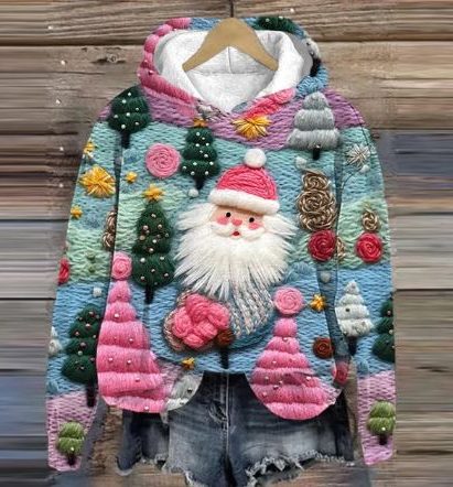 Camilla-Petra | Women's Cropped Floral Hoodie with Santa Appliqué