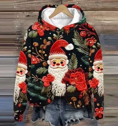 Camilla-Petra | Women's Cropped Floral Hoodie with Santa Appliqué
