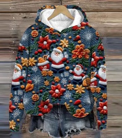 Camilla-Petra | Women's Cropped Floral Hoodie with Santa Appliqué
