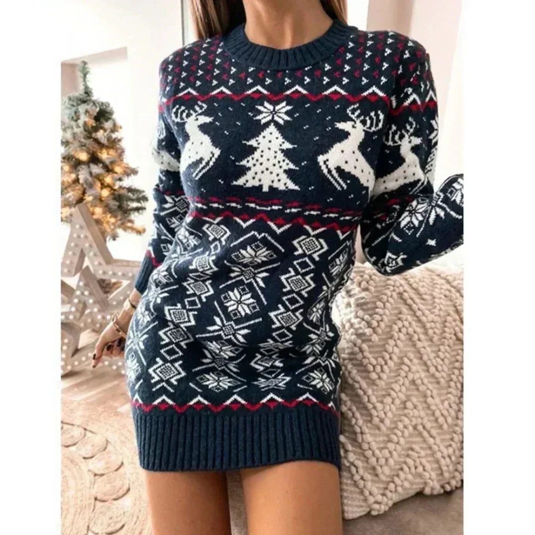 Clara-Wilhelmina | Women's Fair Isle Reindeer Sweater Dress