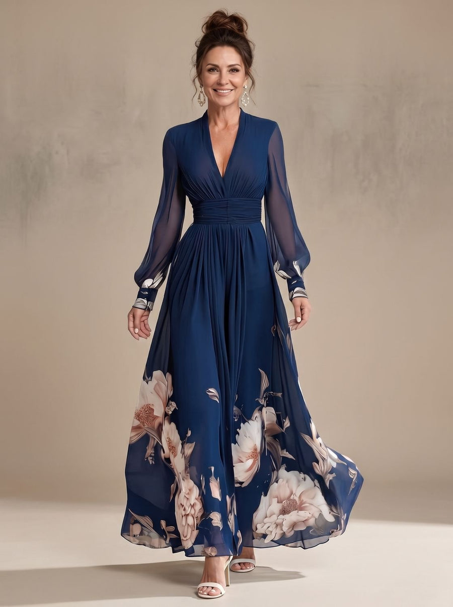 Virginia | Women's Floral Sheer-Sleeve Pleated Maxi Dress
