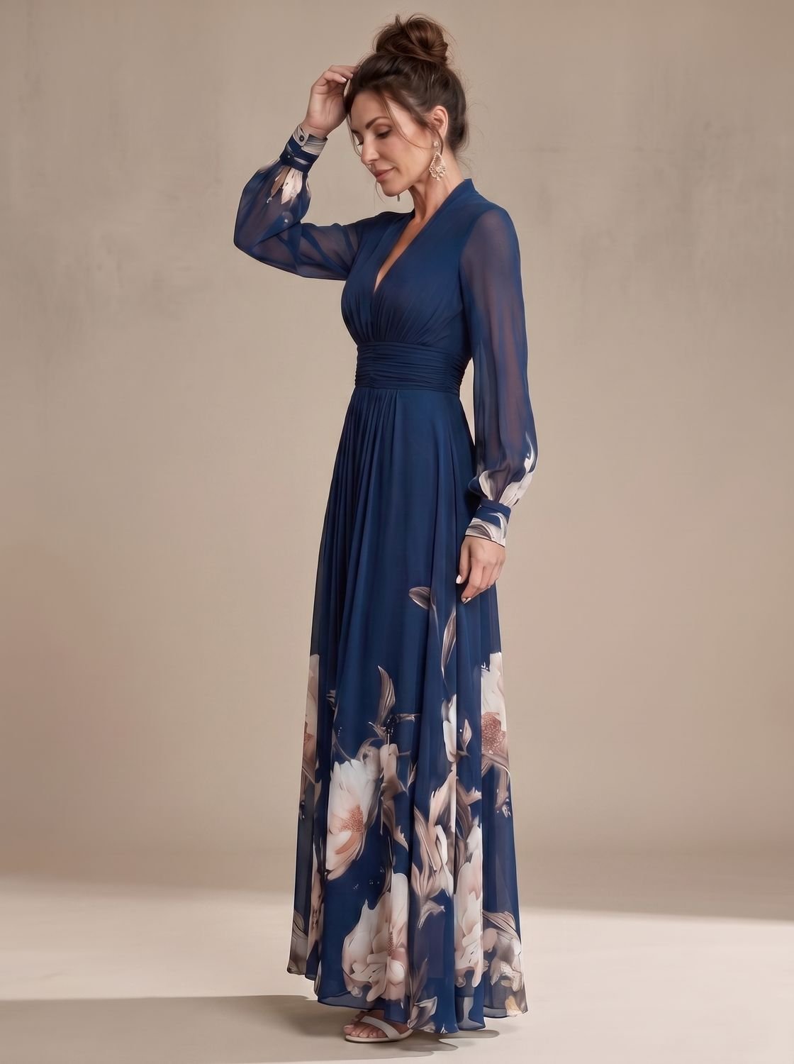 Virginia | Women's Floral Sheer-Sleeve Pleated Maxi Dress