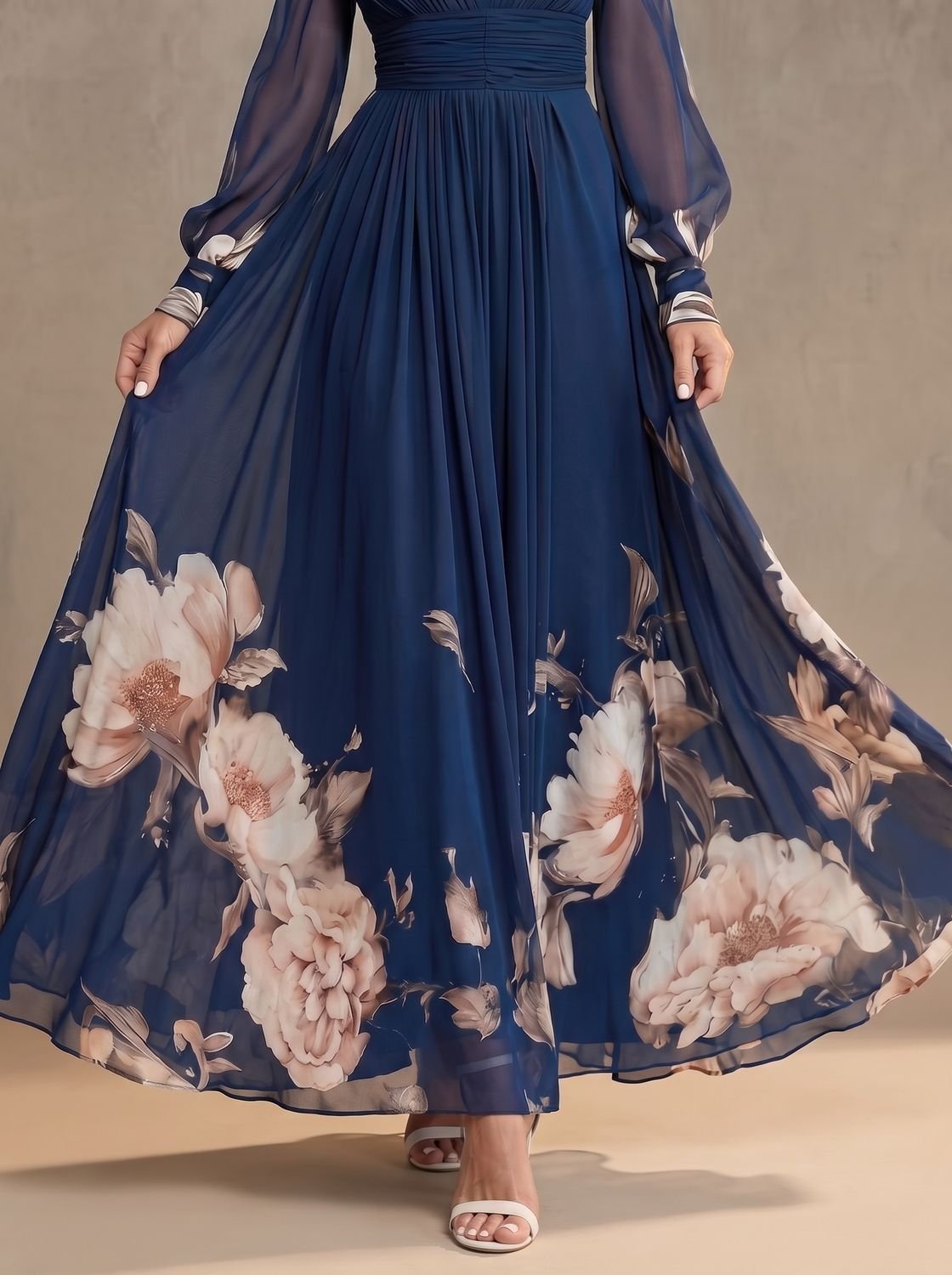 Virginia | Women's Floral Sheer-Sleeve Pleated Maxi Dress