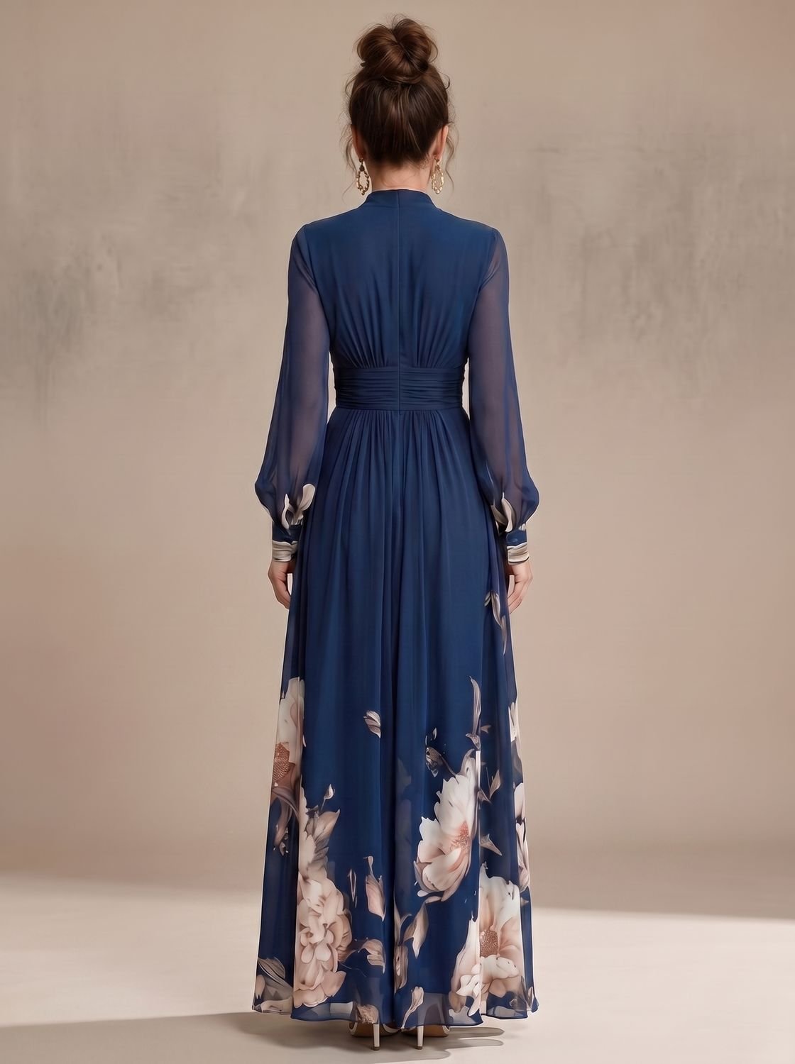 Virginia | Women's Floral Sheer-Sleeve Pleated Maxi Dress