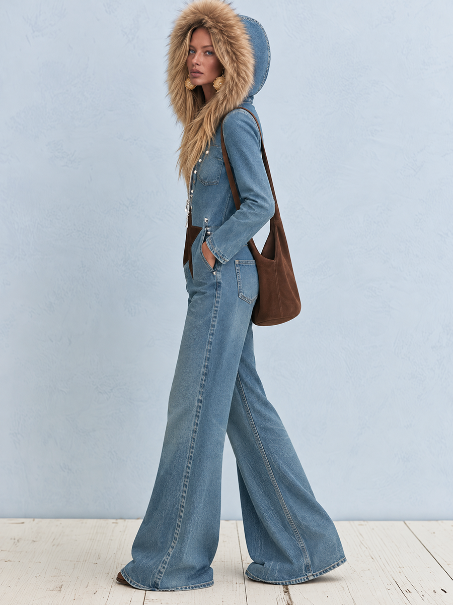 Evelina | Women's Hooded Wide-Leg Denim Jumpsuit
