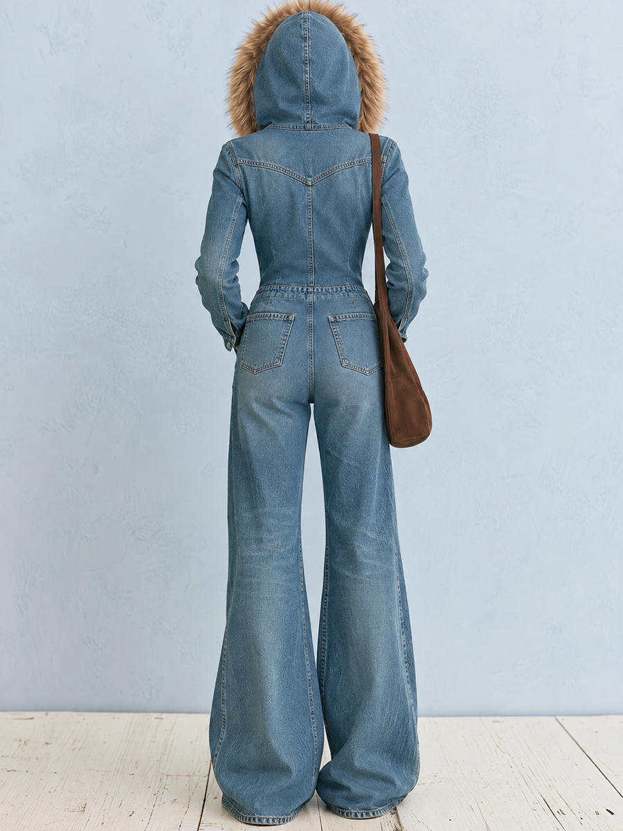 Evelina | Women's Hooded Wide-Leg Denim Jumpsuit