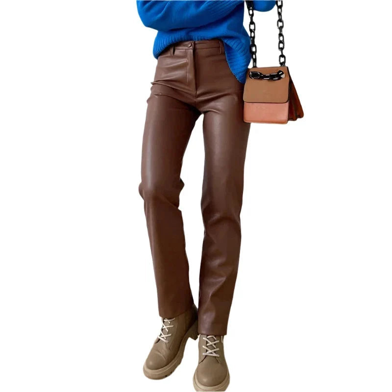 Katharine-Georgia | Women's Leather-Look Straight-Leg Trousers
