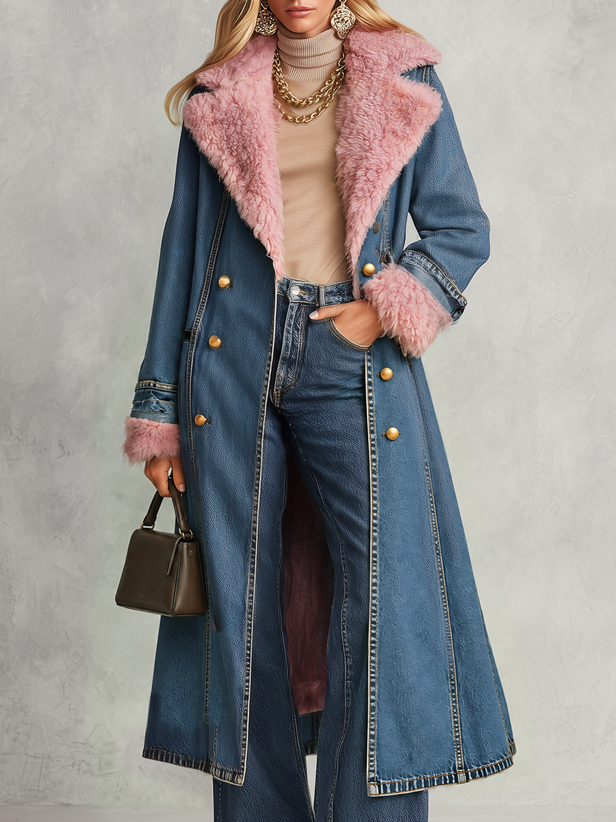 Regina | Women's Plush-Trim Longline Denim Trench Coat
