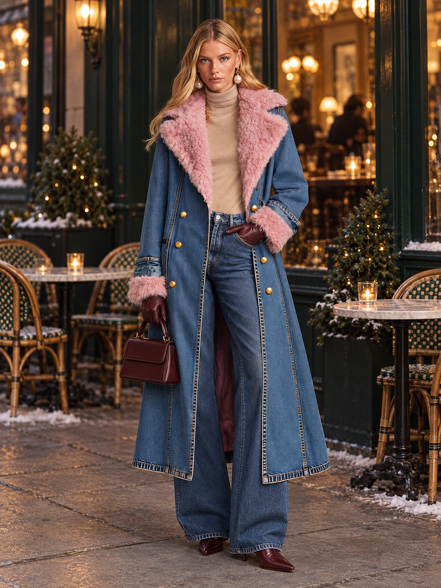 Regina | Women's Plush-Trim Longline Denim Trench Coat