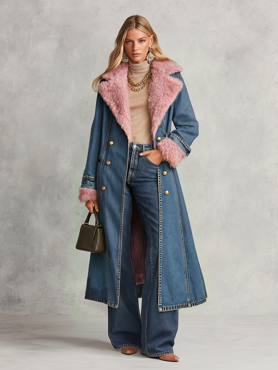 Regina | Women's Plush-Trim Longline Denim Trench Coat