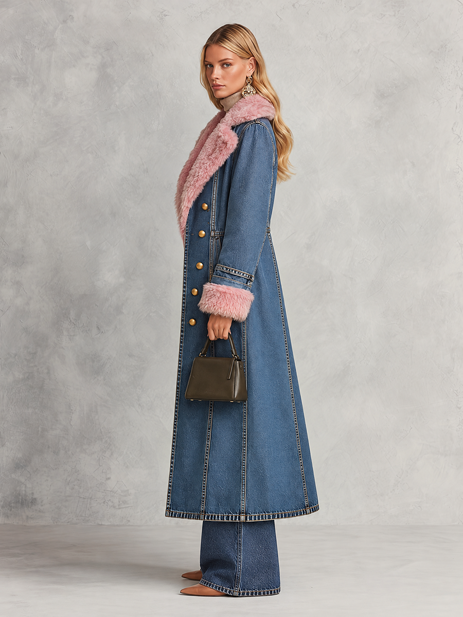 Regina | Women's Plush-Trim Longline Denim Trench Coat