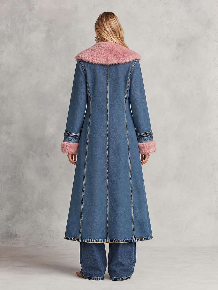 Regina | Women's Plush-Trim Longline Denim Trench Coat