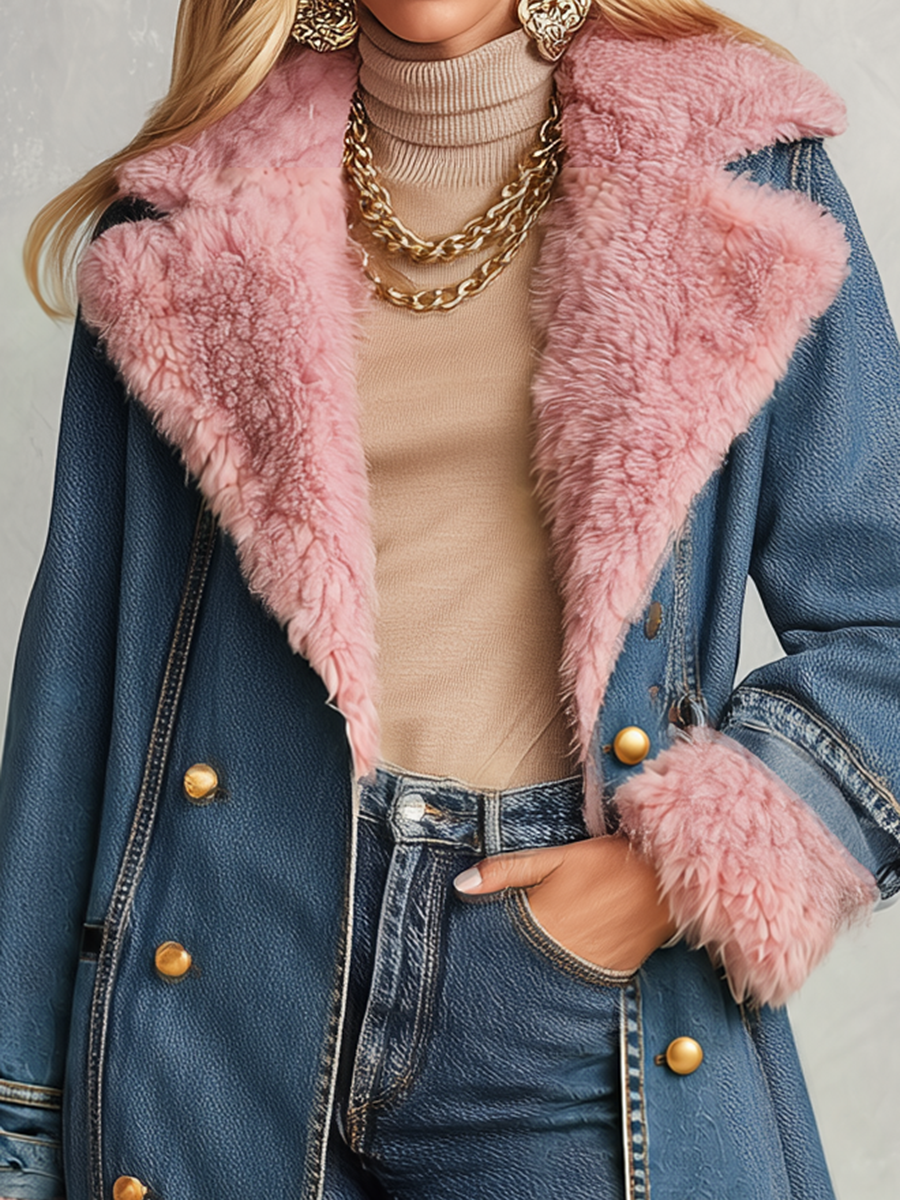Regina | Women's Plush-Trim Longline Denim Trench Coat
