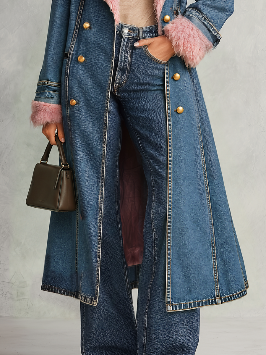Regina | Women's Plush-Trim Longline Denim Trench Coat