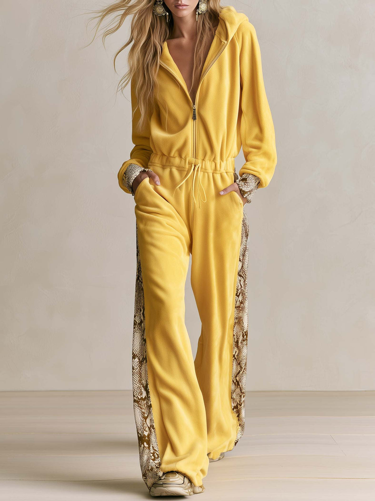 Petra | Women's Snake Print Hooded Fleece Jumpsuit