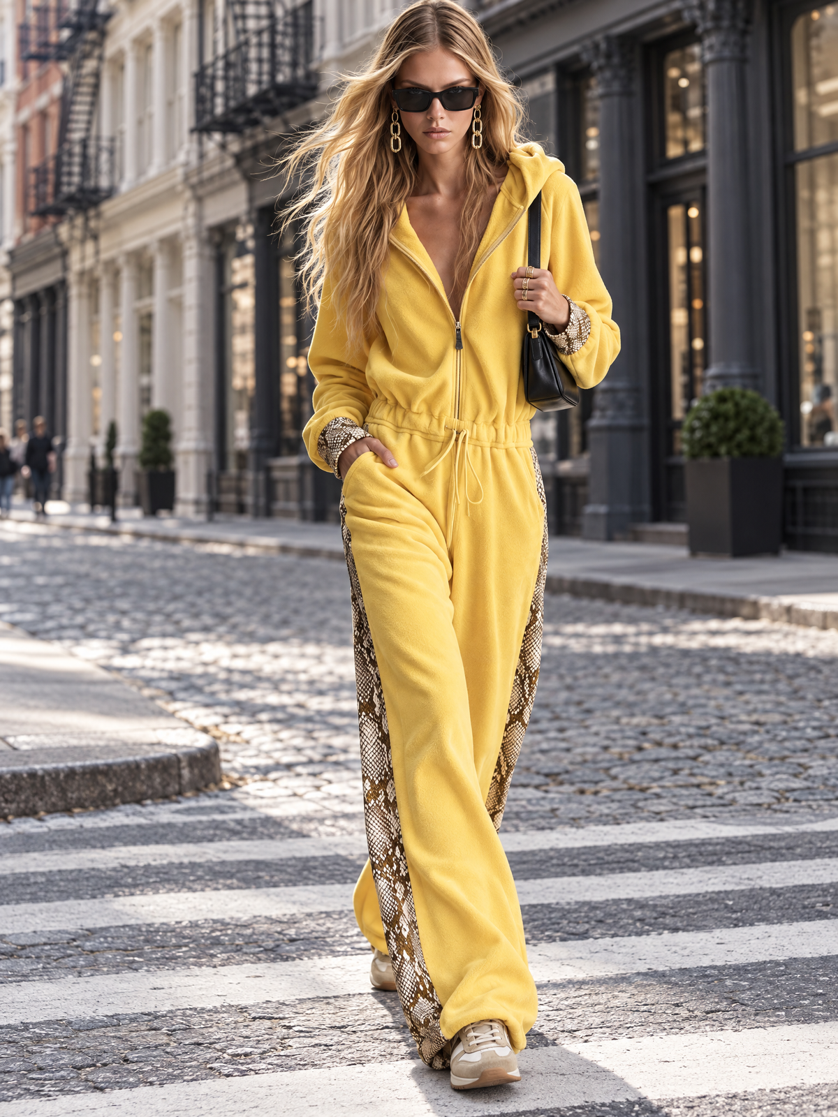 Petra | Women's Snake Print Hooded Fleece Jumpsuit