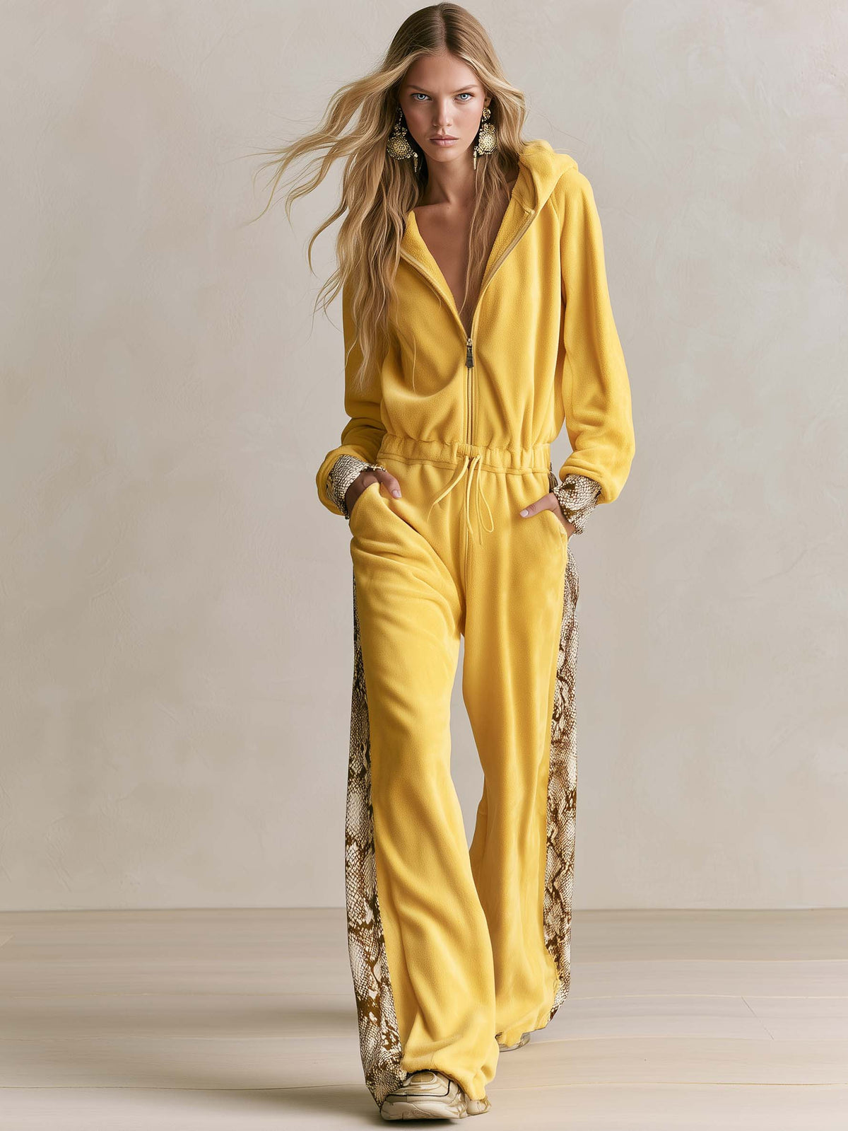 Petra | Women's Snake Print Hooded Fleece Jumpsuit