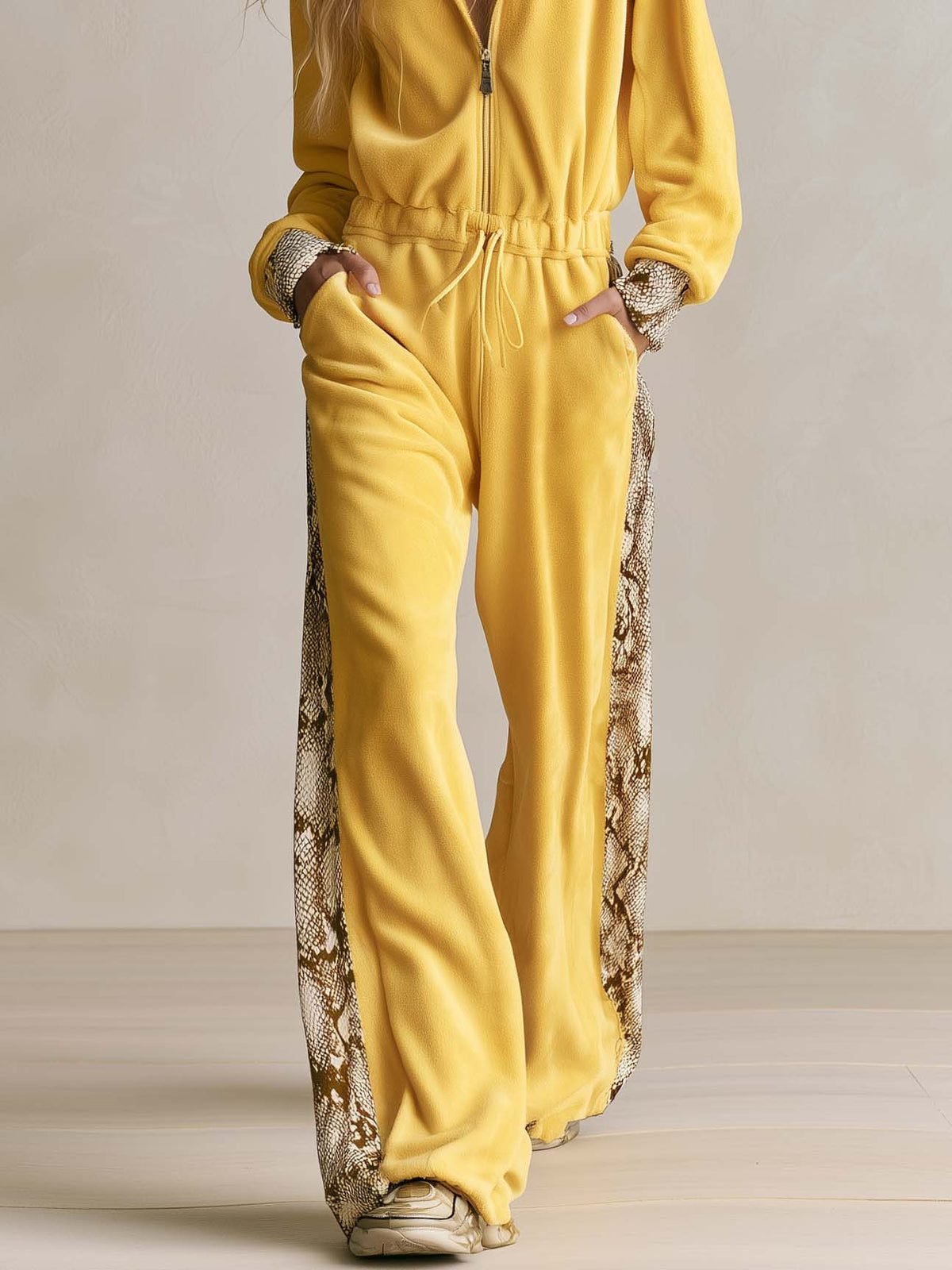 Petra | Women's Snake Print Hooded Fleece Jumpsuit