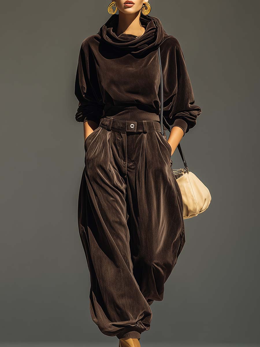 Penelope-Celeste | Women's Velvet Cowl-Neck Top & Trouser Set