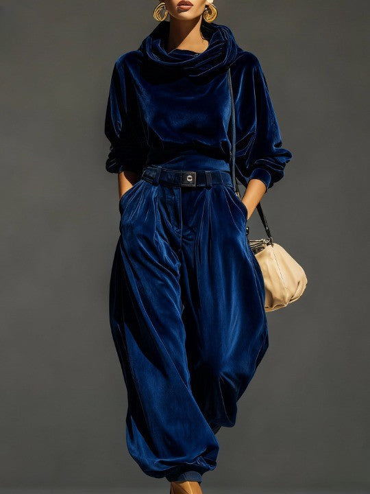 Penelope-Celeste | Women's Velvet Cowl-Neck Top & Trouser Set