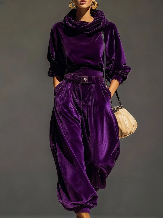 Penelope-Celeste | Women's Velvet Cowl-Neck Top & Trouser Set
