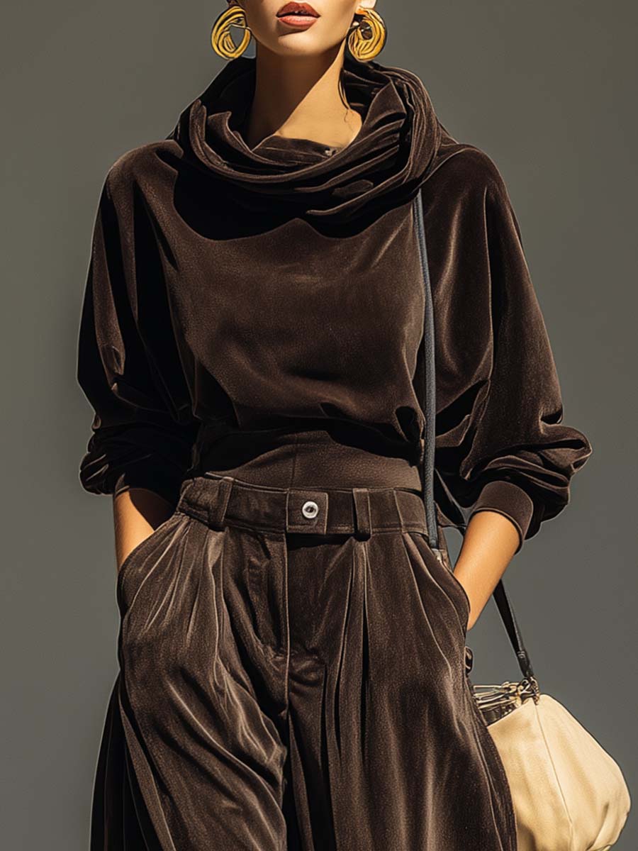 Penelope-Celeste | Women's Velvet Cowl-Neck Top & Trouser Set