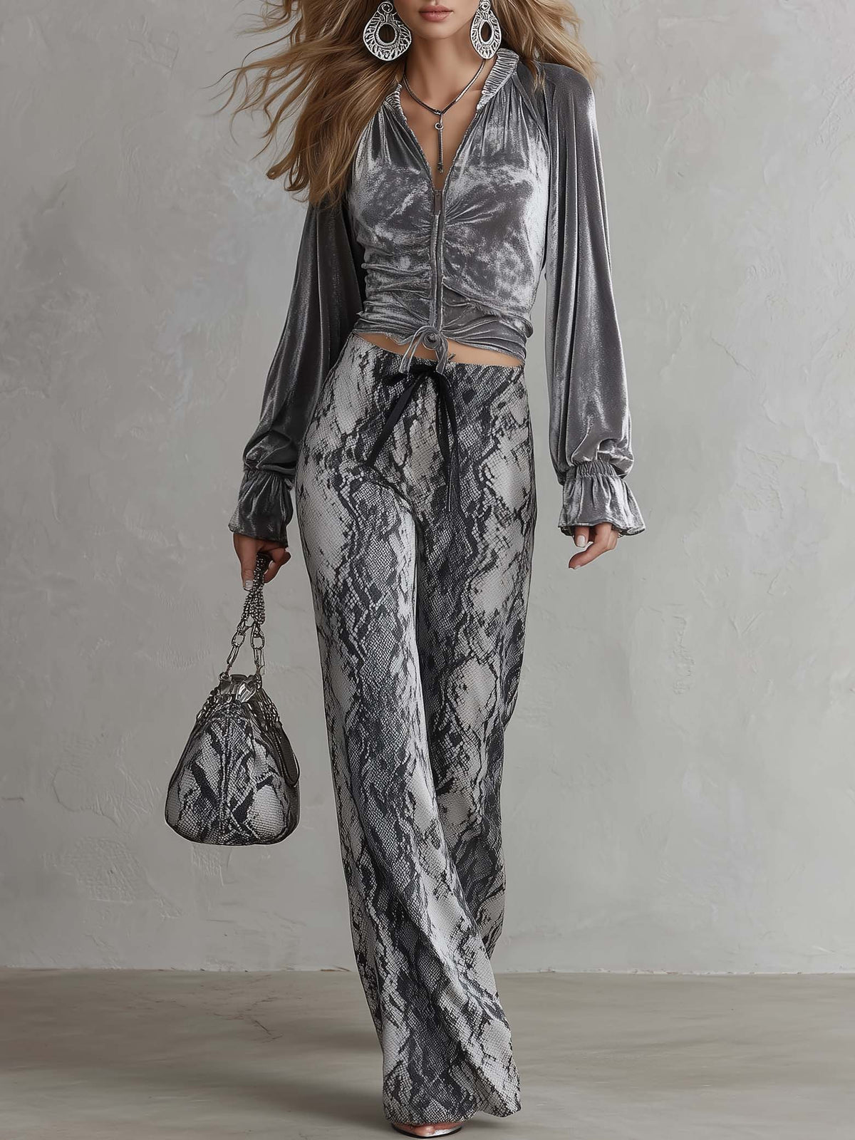 Silvia | Women's Velvet & Snake Print Two Piece Set
